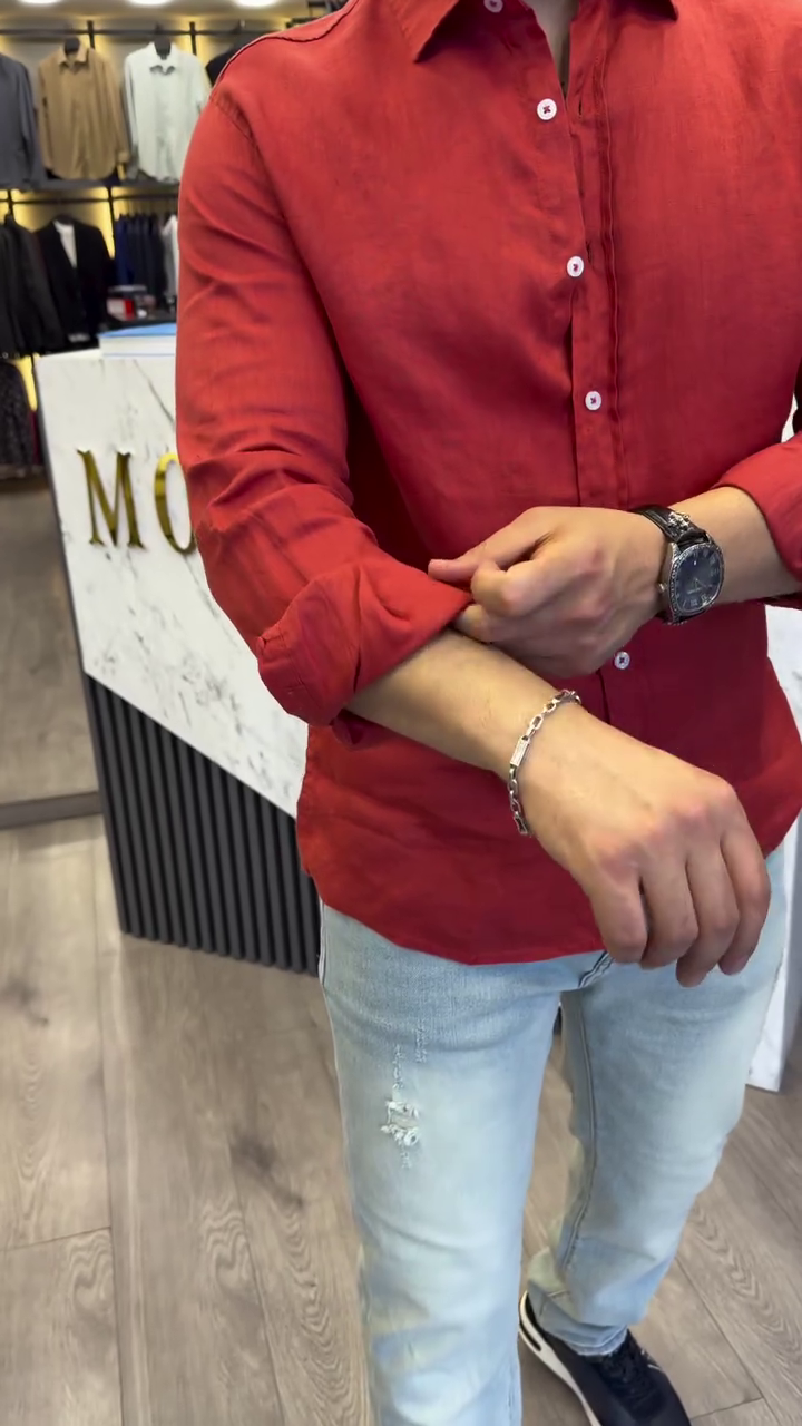 Classic Textured Spread Collar Roll-Up Sleeves Casual Shirt - Image 6