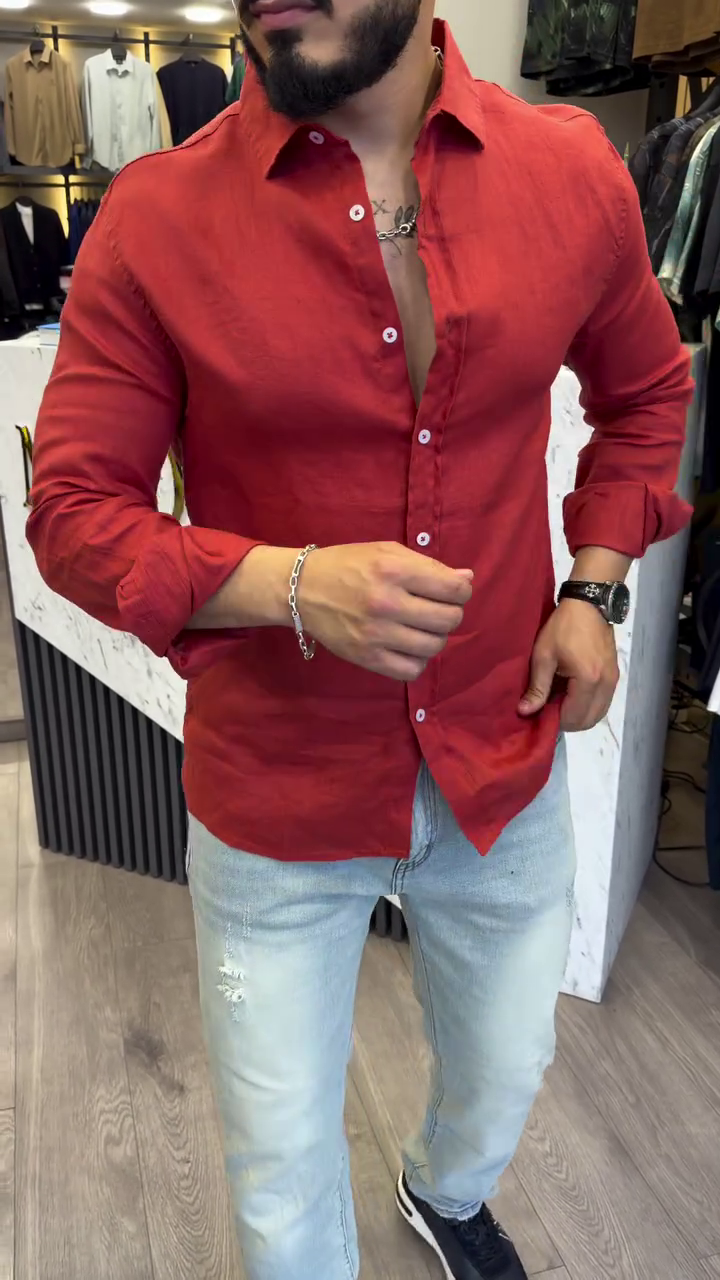 Classic Textured Spread Collar Roll-Up Sleeves Casual Shirt - Image 3