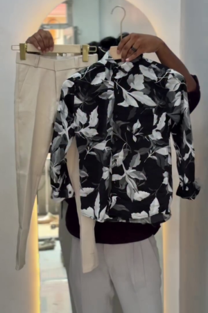 Men Dark Blue Leaf Print Shirt