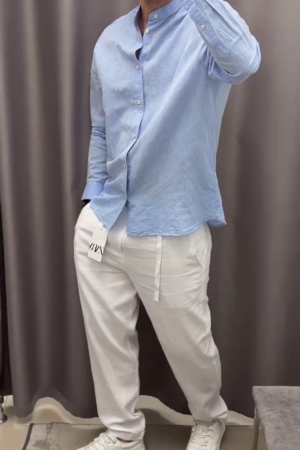 Men Solid Mandarin Collar Pure Cotton Casual Shirt