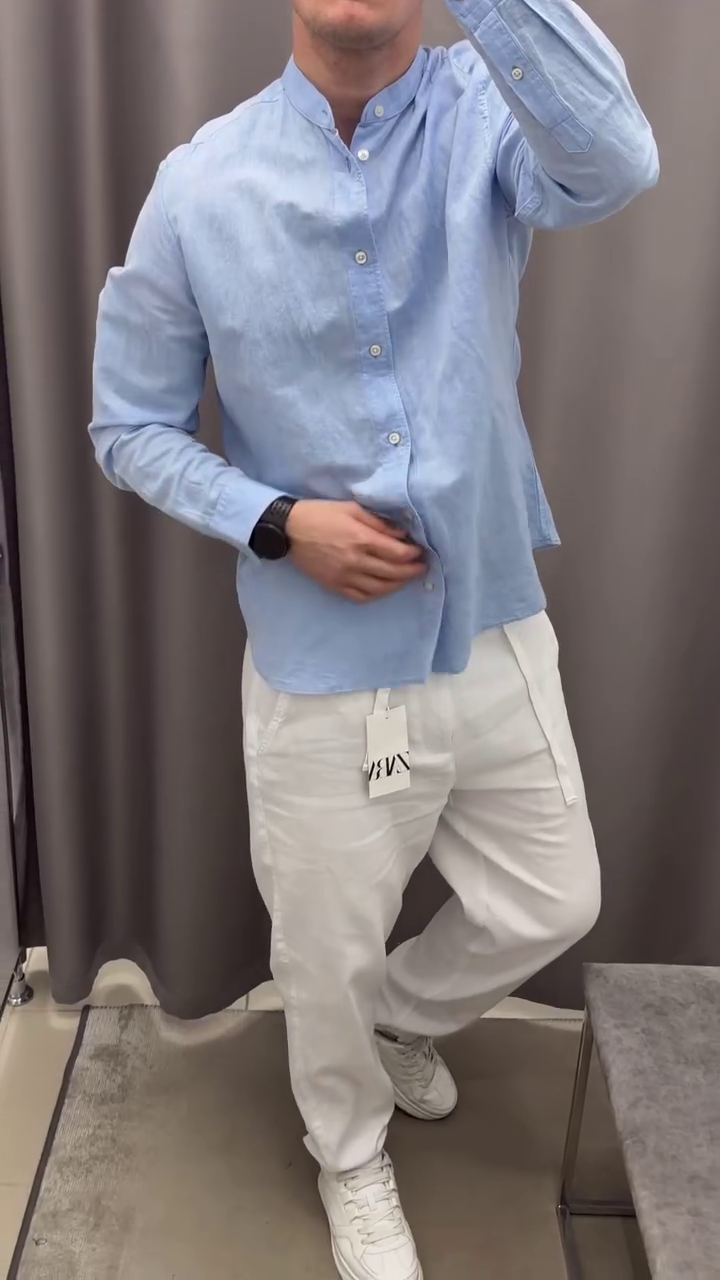 Men Solid Mandarin Collar Pure Cotton Casual Shirt - Image 5