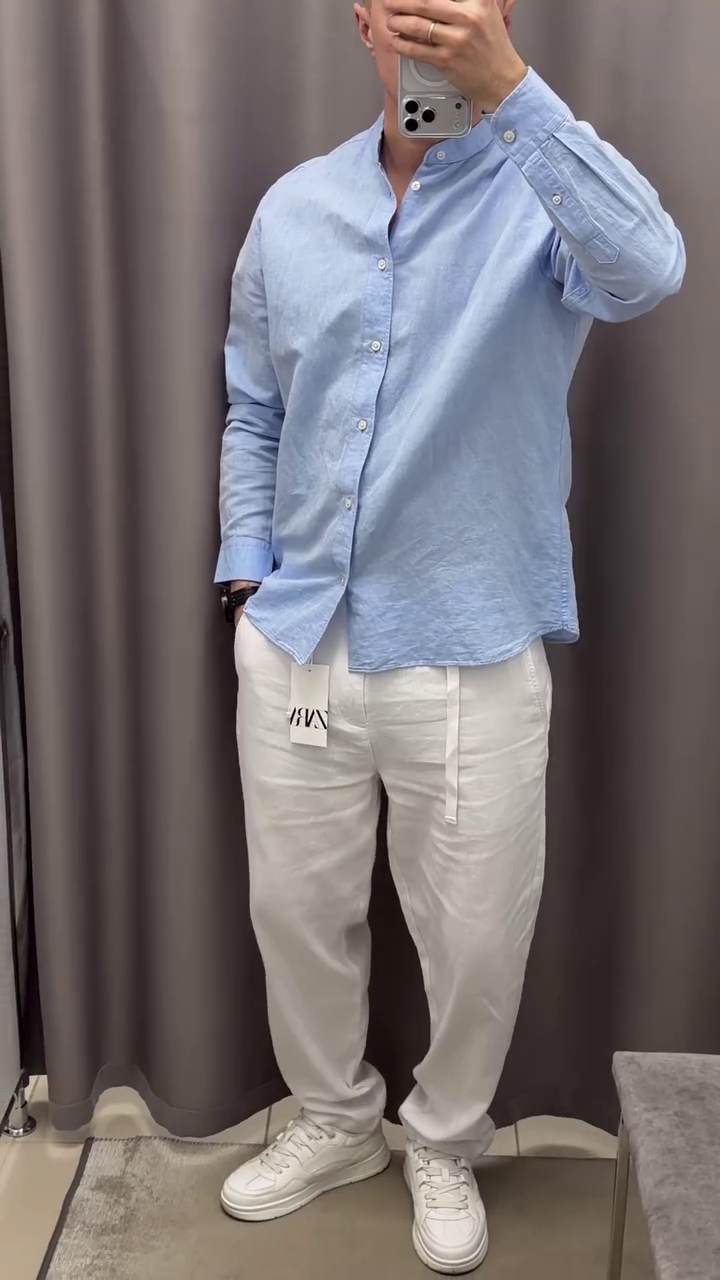 Men Solid Mandarin Collar Pure Cotton Casual Shirt - Image 3