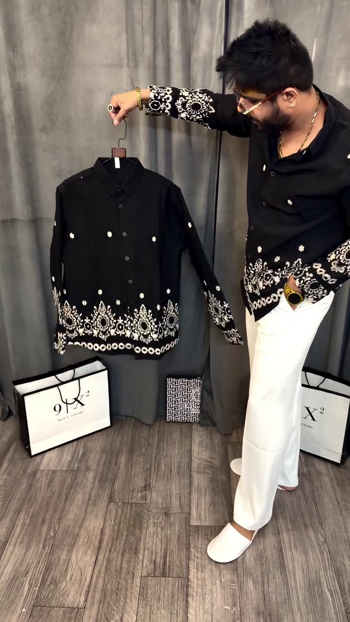 Pure Cotton Floral Embroidered Opaque Party Shirt - Image 6