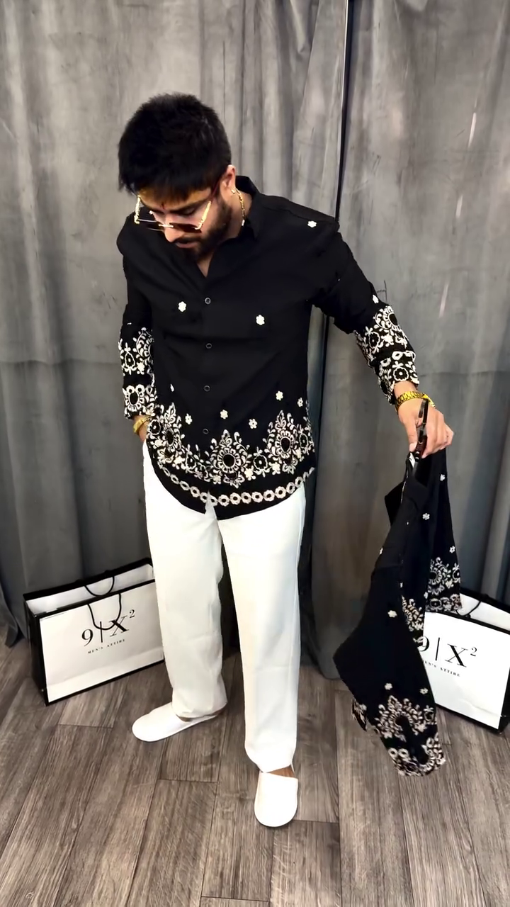 Pure Cotton Floral Embroidered Opaque Party Shirt - Image 3