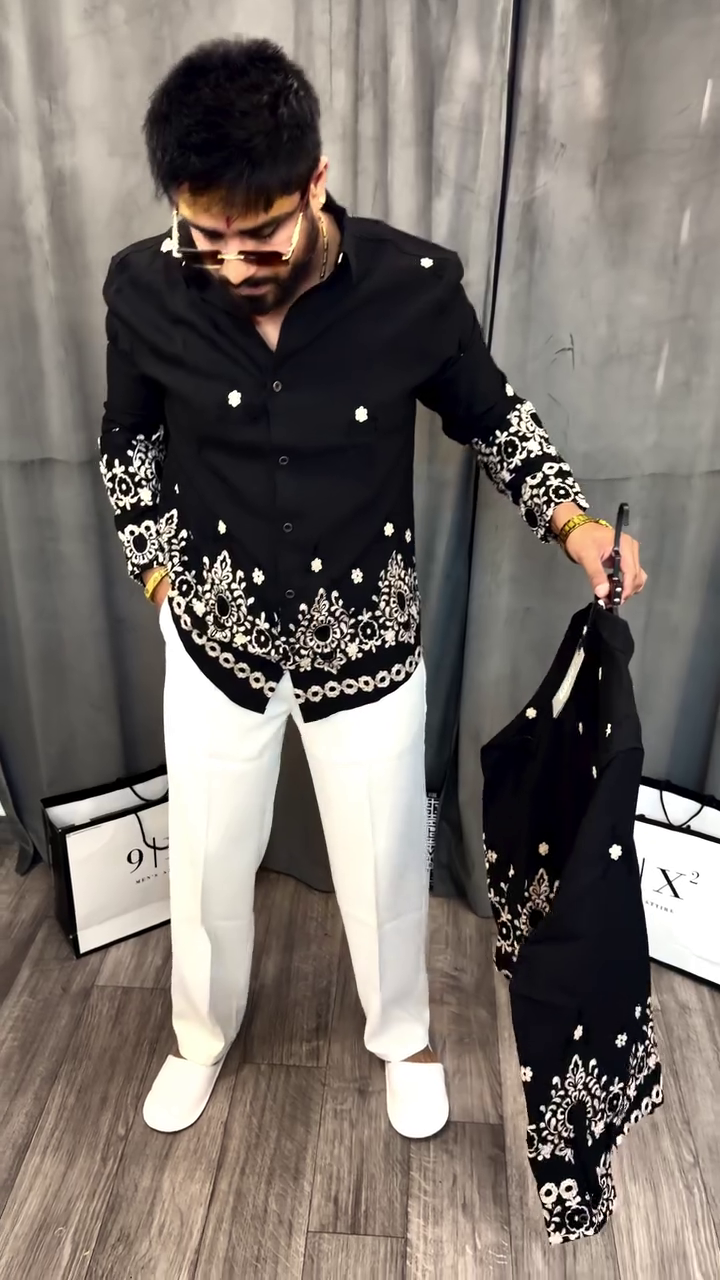 Pure Cotton Floral Embroidered Opaque Party Shirt - Image 2